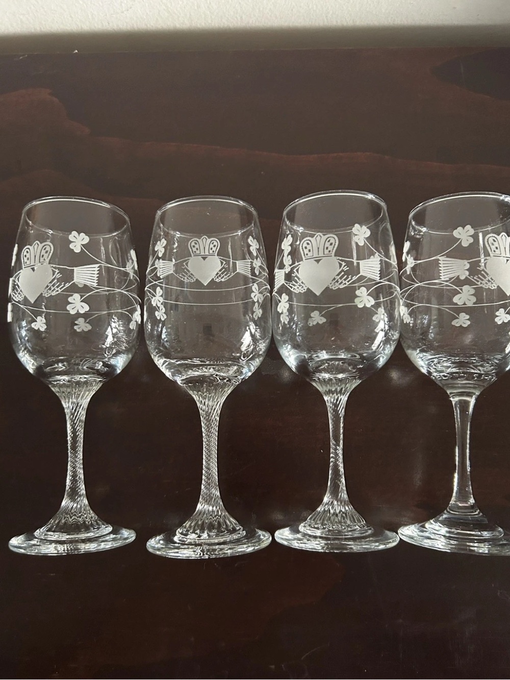 Clear Etched Glass Wine Goblets - Heart & Floral Design (Set of 4)
